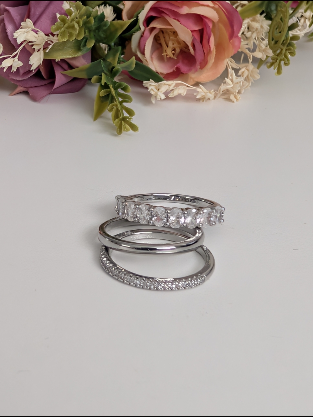 14K White Gold Plated Classic Stackable Ring With Moissanite Stones